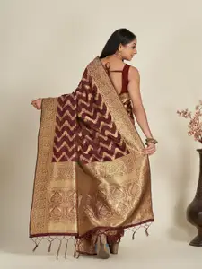 Anouk Maroon & Gold-Toned Floral Woven Design Zari Organza Saree