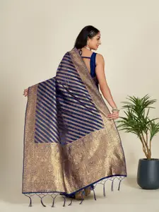 Anouk Navy Blue & Gold-Toned Striped Woven Design Zari Organza Saree