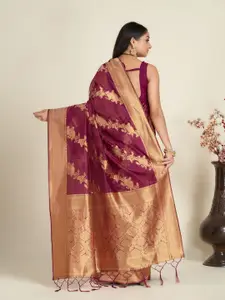 Anouk Magenta & Gold-Toned Ethnic Motif Woven Design Zari Organza Saree