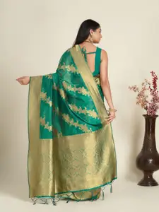 Anouk Teal & Gold-Toned Ethnic Motif Woven Design Zari Organza Saree