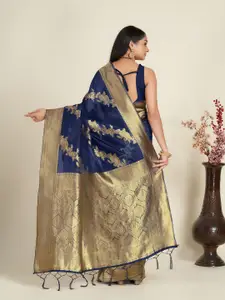 Anouk Navy Blue & Gold-Toned Floral Woven Design Zari Organza Saree