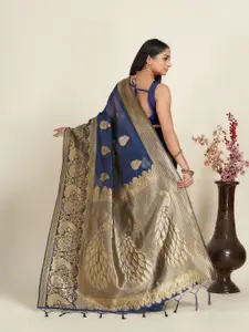 Anouk Navy Blue & Gold-Toned Ethnic Motif Woven Design Zari Organza Saree