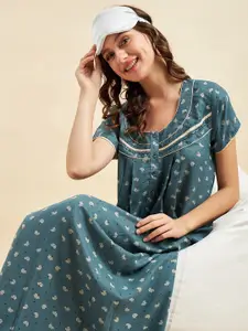 Sweet Dreams Green & White Floral Printed Pure Cotton Maxi Nightdress