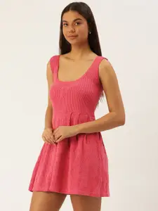 FOREVER 21 Pure Cotton Self Design Ribbed Fit & Flare Mini Dress