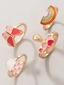 DressBerry Gold toned & Pink Set Of 4 Gold-Plated Enameled Finger Rings