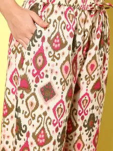 MBeautiful Women Beige & Pink Ikat Printed Organic Cotton Night Suit