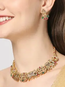 OOMPH Gold-Plated Stone-Studded & Beaded Necklace & Earrings Set