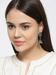 Priyaasi Gold-Toned Oxidised Silver-Plated Peacock Shaped Jhumkas