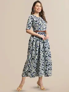 BAESD Floral Printed Round Neck Fit & Flare Midi Dress