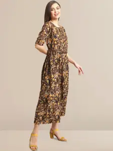 BAESD Brown Floral Printed Viscose Rayon Casual Fit & Flare Dress