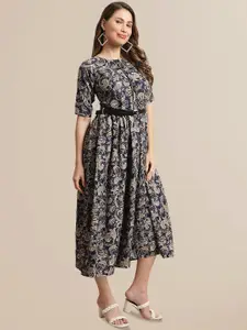 BAESD Ethnic Motif Print Belted Detailed A-Line Midi Dress