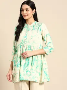 Anouk Chevron Foil Printed Shibori Mandarin Collar Pleated Kurti