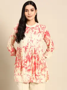 Anouk Chevron Foil Printed Shibori Mandarin Collar Pleated Kurti