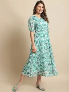 BAESD Floral Printed Puff Sleeve Gathred Or Pleated A-Line Midi Dress