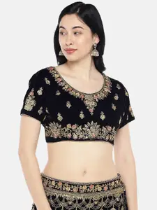 Sangria Blue Zari Embroidered Velvet Semi-Stitched Lehenga Choli