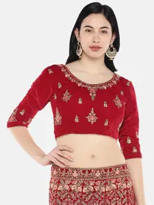 Sangria Red & Gold-Toned Embroidered Velvet Lehenga Choli