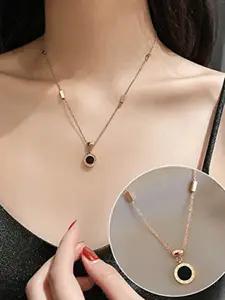 MEENAZ Rose Gold-Plated CZ Studded Round Pendant With Chain