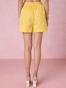 20Dresses Women Yellow Self Design High-Rise Pure Cotton Schiffli Shorts
