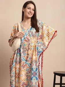 Claura Yellow Ethnic Motifs Printed Casual Kaftan Nightdress