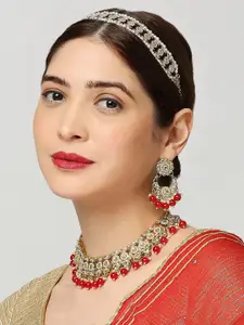 OOMPH Red Kundan Beads Jadau Choker Necklace & Earrings