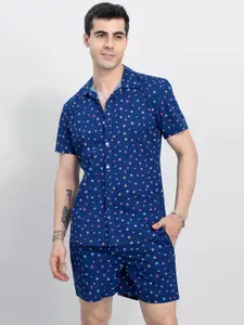 Snitch Navy Blue Geometric Printed Pure Cotton Shirt & Shorts