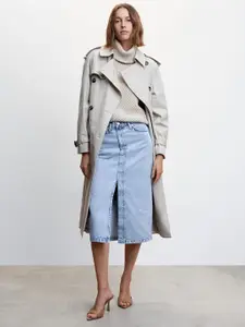 MANGO Women Pure Cotton Denim Straight Slit Midi Skirt