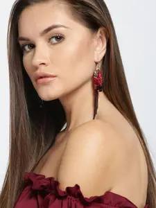 Jewels Galaxy Red Gold-Plated Beaded Tasselled Handcrafted Drop Earrings