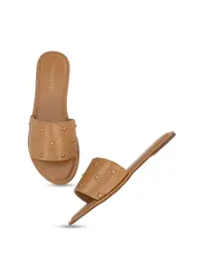 DressBerry Nude-Coloured And Gold-Toned Embellished Open Toe Flats