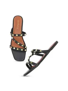 DressBerry Black And Gold-Toned Embellished Open Toe Flats