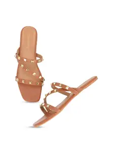 DressBerry Tan Brown And Gold-Toned Embellished Open Toe Flats