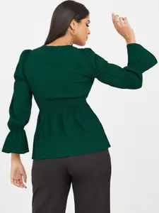 Styli Green Puff Sleeve Smocked Cinched Waist Top