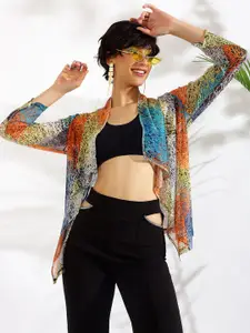 KASSUALLY Beige & Blue Abstract Printed Shrug