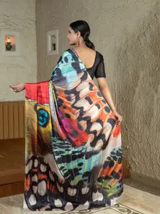 Anouk Cream-Coloured & White Abstract Printed Satin Saree