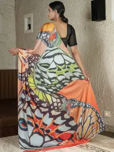 Anouk Off White Printed Satin Saree