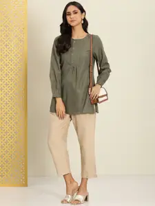 House of Pataudi Solid Round-Neck A-Line Rozana Kurti