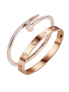 MYKI Women Set Of 2 Rose Gold-Plated CZ Kada Bracelets