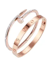 MYKI Set Of 2 Rose Gold-Plated Stone Studded Kada Bracelets