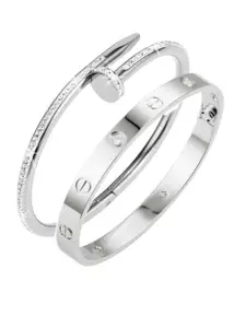 MYKI Set Of 2 Silver-Plated Stone Studded Kada Bracelets