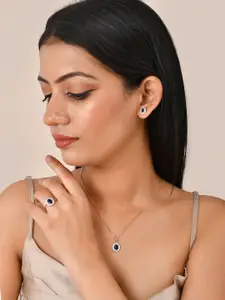 Voylla Rose Gold-Plated Blue Oval Cut Zircon Pendant Set