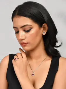Voylla Rhodium-Plated Red Round Cut Zircon Pendant Set