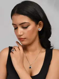 Voylla Rhodium-Plated Blue Round Cut CZ Pendant Set