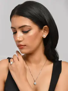 Voylla Rhodium-Plated White Heart Shaped CZ Pendant Set