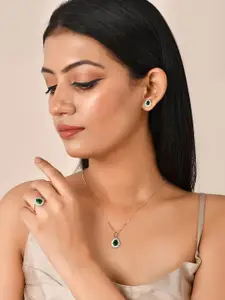 Voylla Rose Gold-Plated Green Teardrop Cut Zirconia Pendant Set