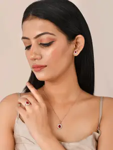 Voylla Rose Gold-Plated Pink Teardrop Cut CZ Pendant Set