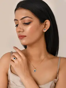 Voylla Gold-Plated Violet Oval Cut CZ Pendant Set