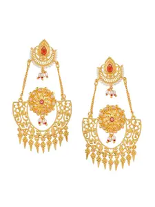 Voylla Gold-Pleated Stones and Pearls Drop Earrings