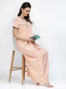 Sweet Dreams Peach-Coloured Printed Pure Cotton Maxi Nightdress