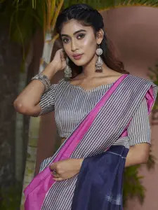 Saree mall Pink & White Checked Border Art Silk Bhagalpuri Saree