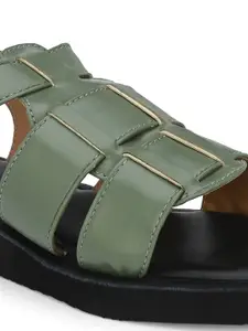 Roadster Sea Green Textured Open Toe Flats With Velcro