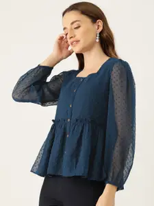 Slenor Blue Square Neck Puff Sleeve Peplum Top